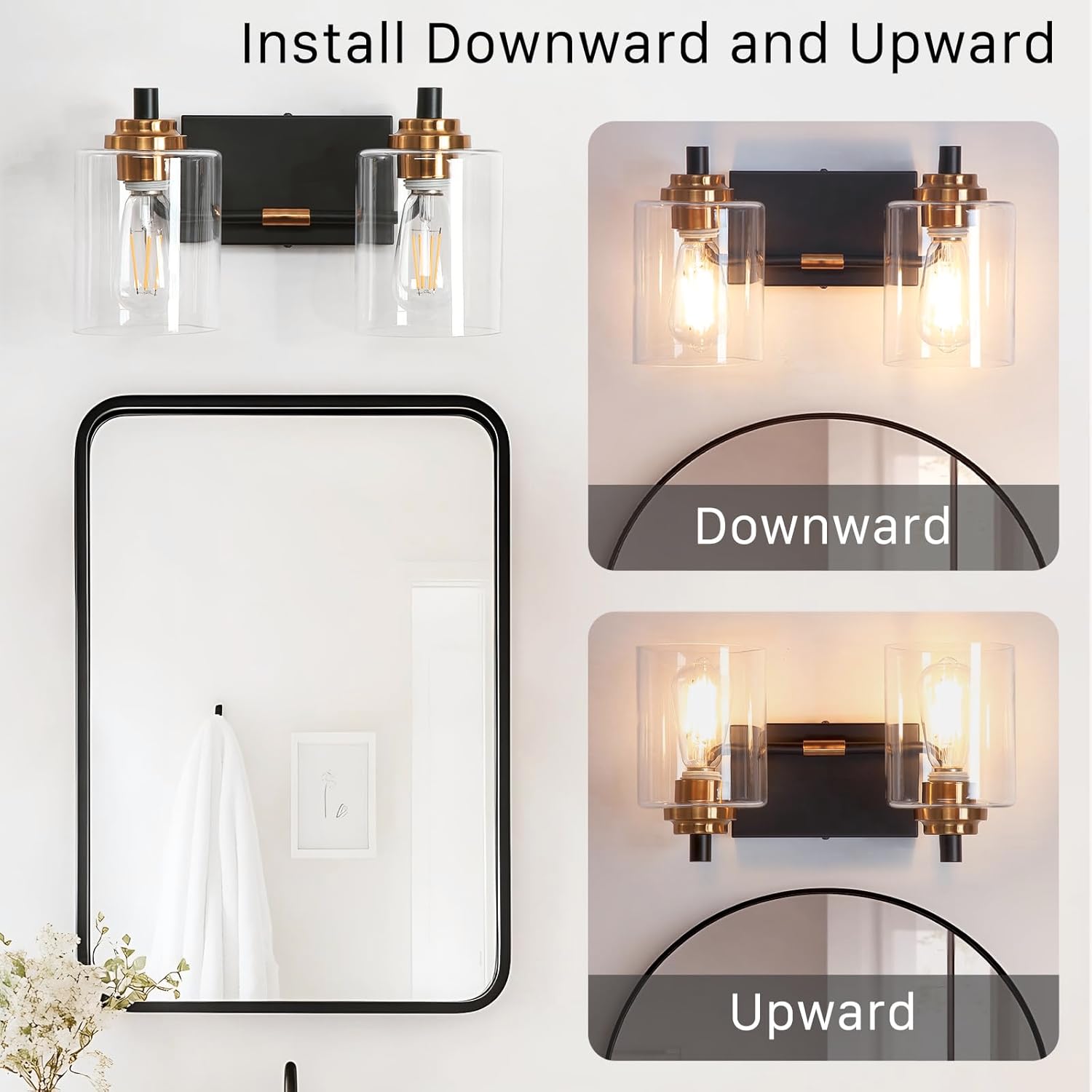 2-Light Black & Gold Vanity Light Fixture with Clear Glass Shades — E26 Base – Image 3