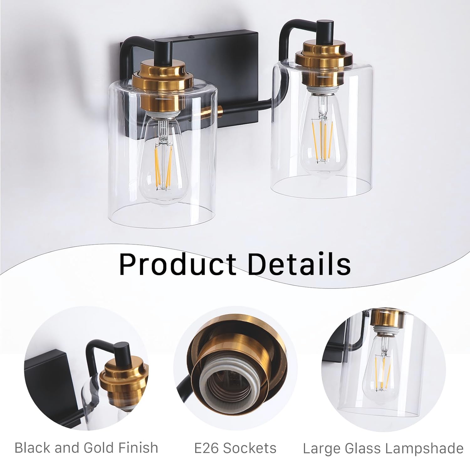 2-Light Black & Gold Vanity Light Fixture with Clear Glass Shades — E26 Base – Image 4