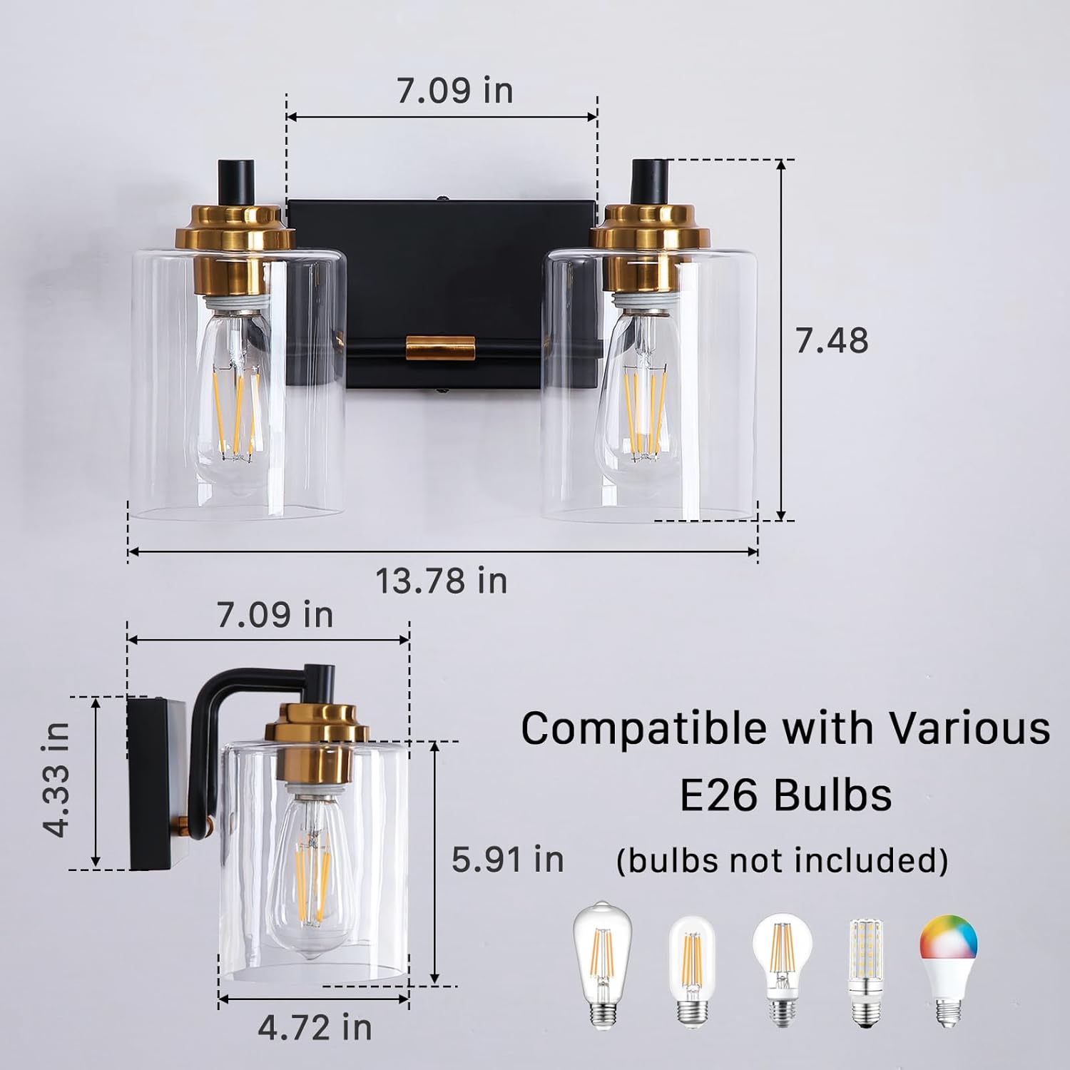 2-Light Black & Gold Vanity Light Fixture with Clear Glass Shades — E26 Base – Image 2