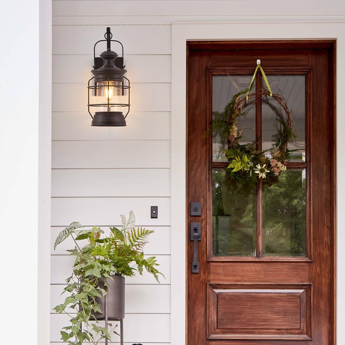 Matte Black Hardwired Farmhouse Lantern Wall Sconce | Tempered Glass, E26 Base | Indoor & Outdoor – Image 3