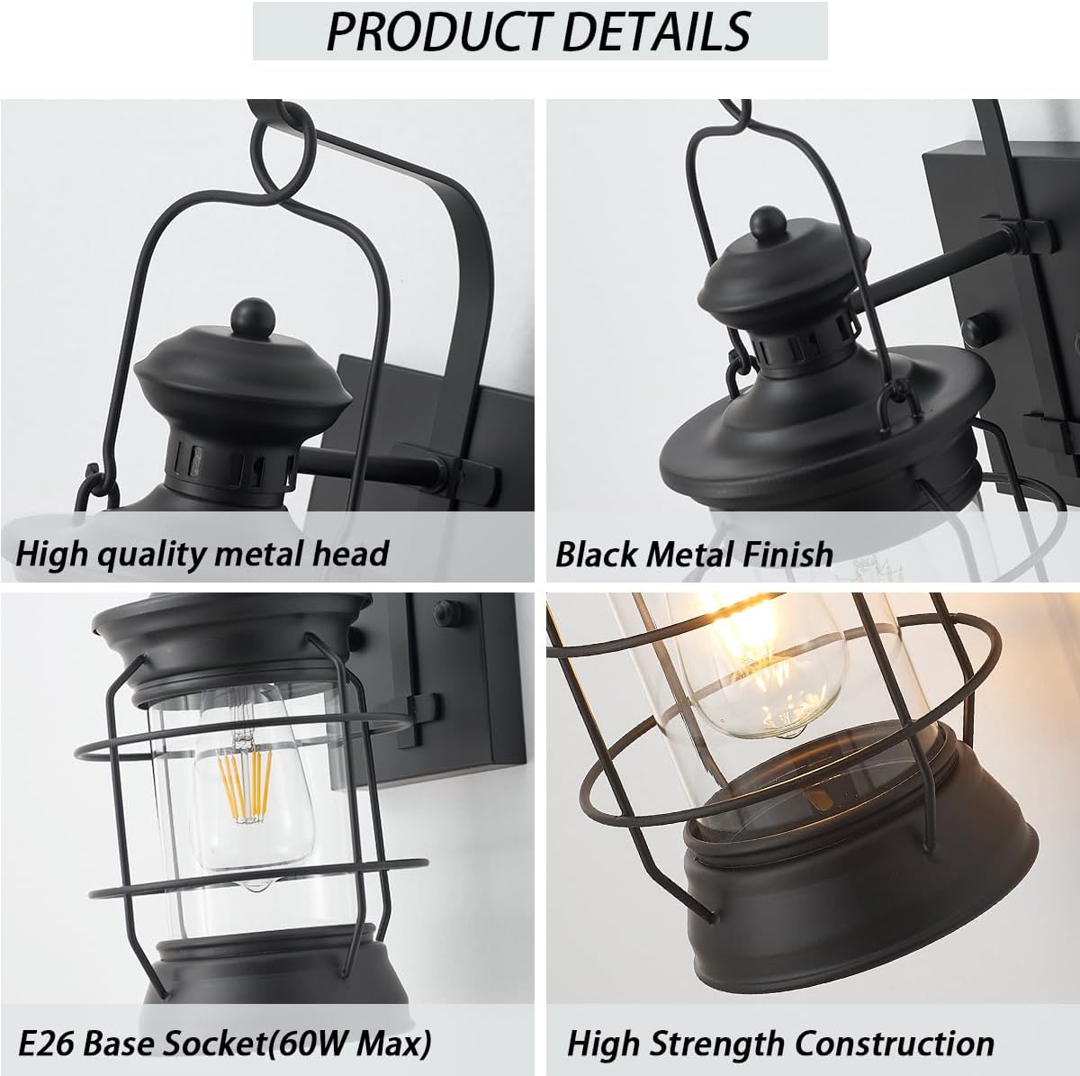 Matte Black Hardwired Farmhouse Lantern Wall Sconce | Tempered Glass, E26 Base | Indoor & Outdoor – Image 2