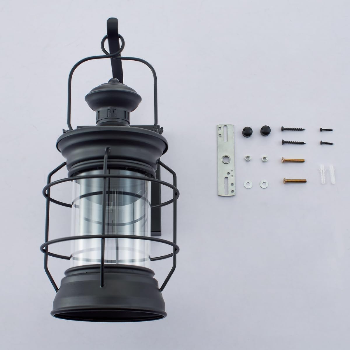 Matte Black Hardwired Farmhouse Lantern Wall Sconce | Tempered Glass, E26 Base | Indoor & Outdoor – Image 1