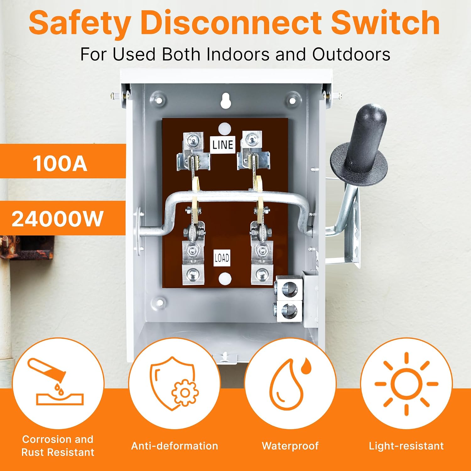 100 Amp 2-Pole Non-Fused Safety Disconnect Switch — NEMA-3R Enclosure with Ground Kit for Indoor & Outdoor Use – Image 3