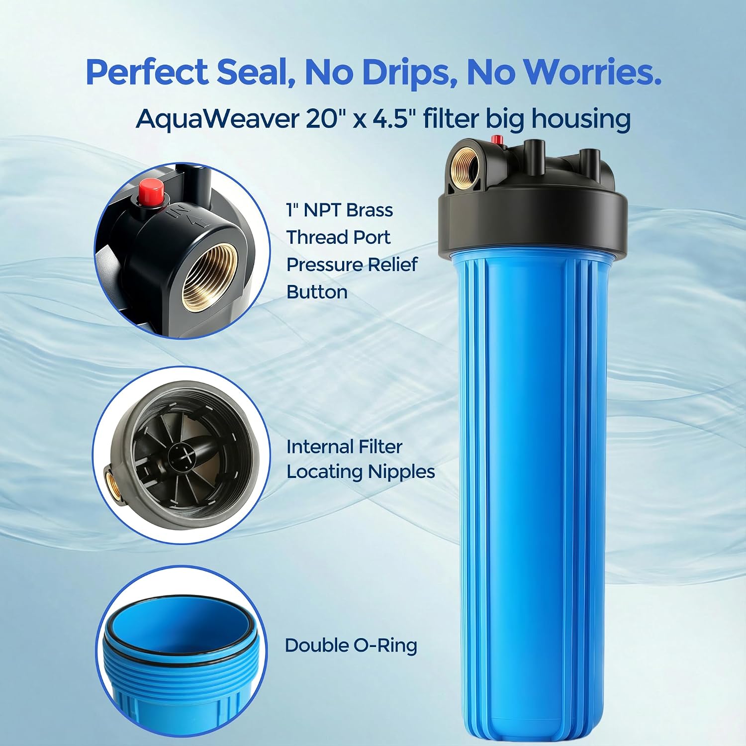 20" x 4.5" Whole House Water Filter Housing — Double O-Ring, 1" Brass Inlet – Image 3