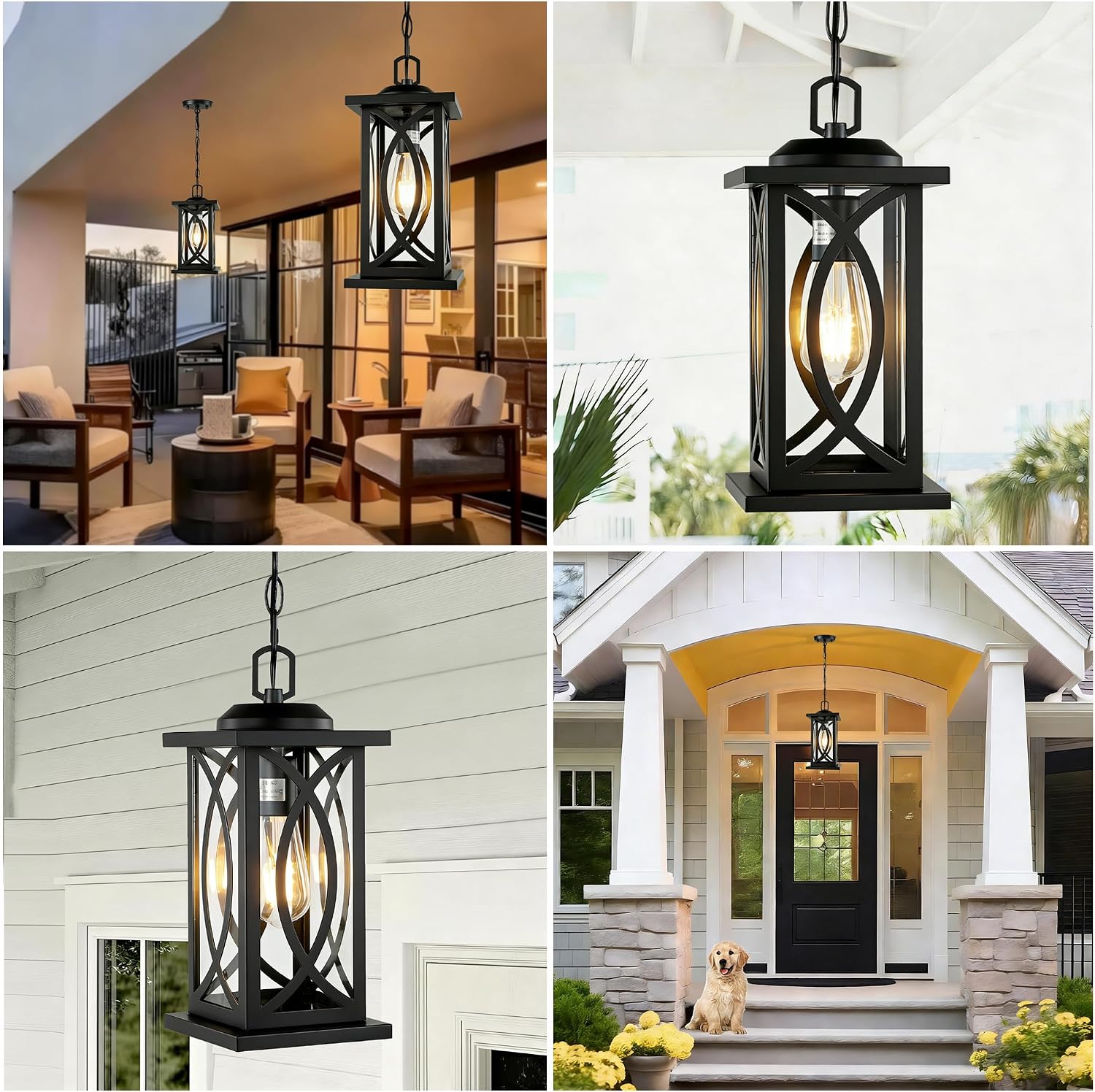 Matte Black Farmhouse Outdoor Pendant Light | Cross Grid, Clear Glass, E26, 48" Adjustable Chain – Image 3