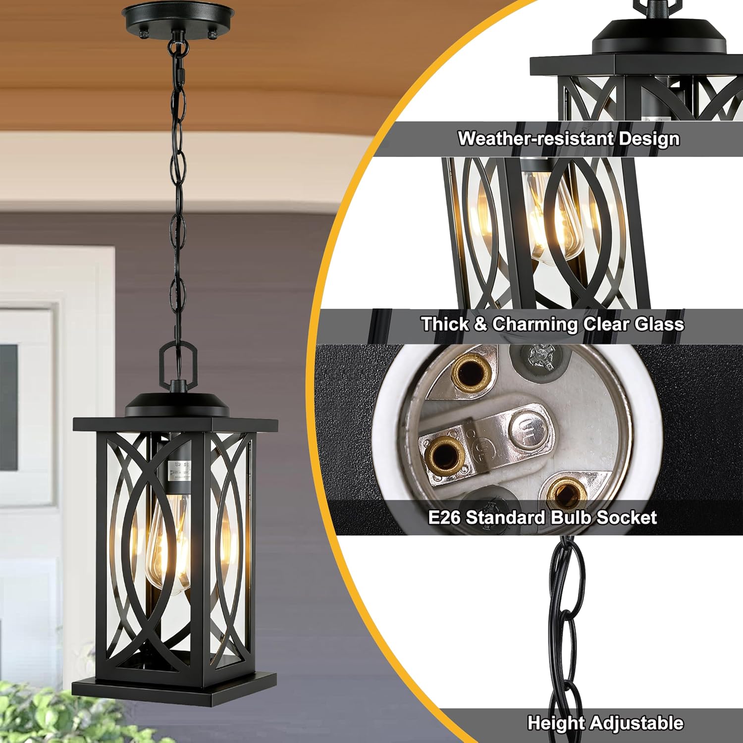 Matte Black Farmhouse Outdoor Pendant Light | Cross Grid, Clear Glass, E26, 48" Adjustable Chain – Image 4