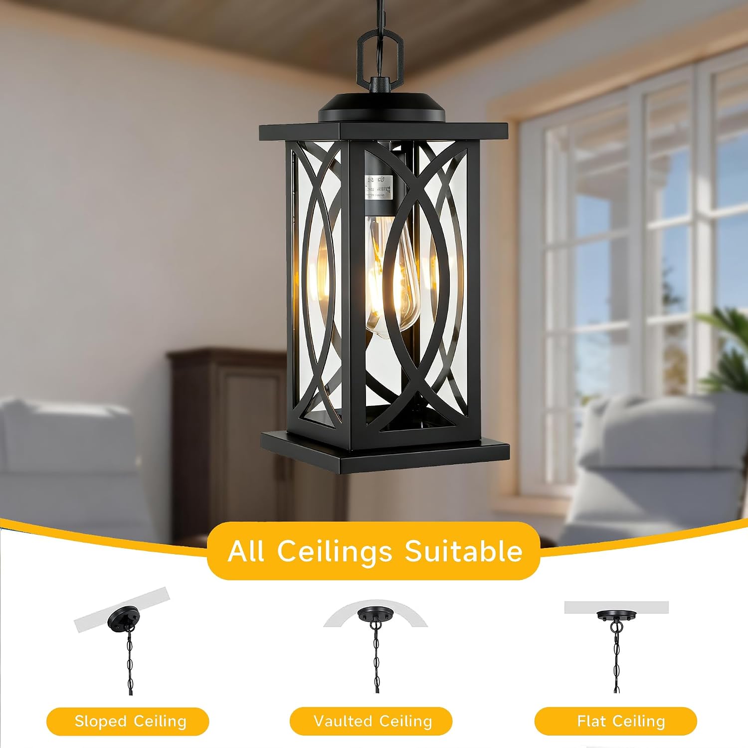 Matte Black Farmhouse Outdoor Pendant Light | Cross Grid, Clear Glass, E26, 48" Adjustable Chain – Image 5
