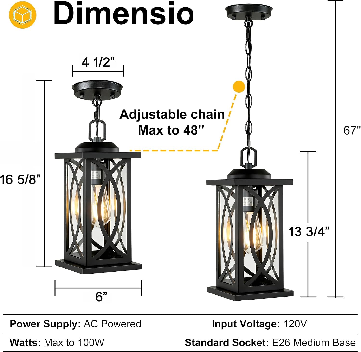 Matte Black Farmhouse Outdoor Pendant Light | Cross Grid, Clear Glass, E26, 48" Adjustable Chain – Image 6