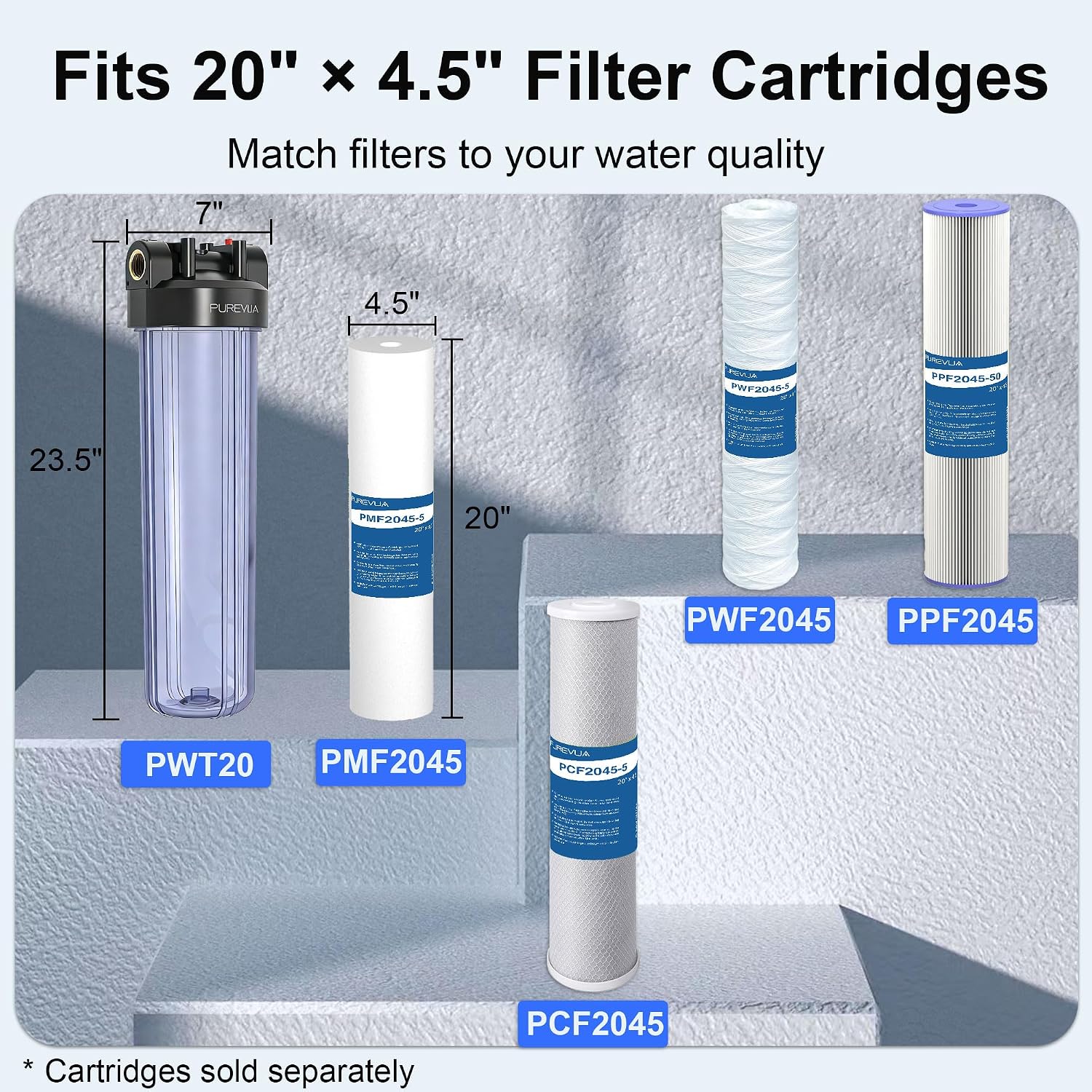 20" x 4.5" Big Blue Whole House Water Filter Housing — Clear Polypropylene with 1" NPT Brass Ports & Pressure Relief Valve – Image 2