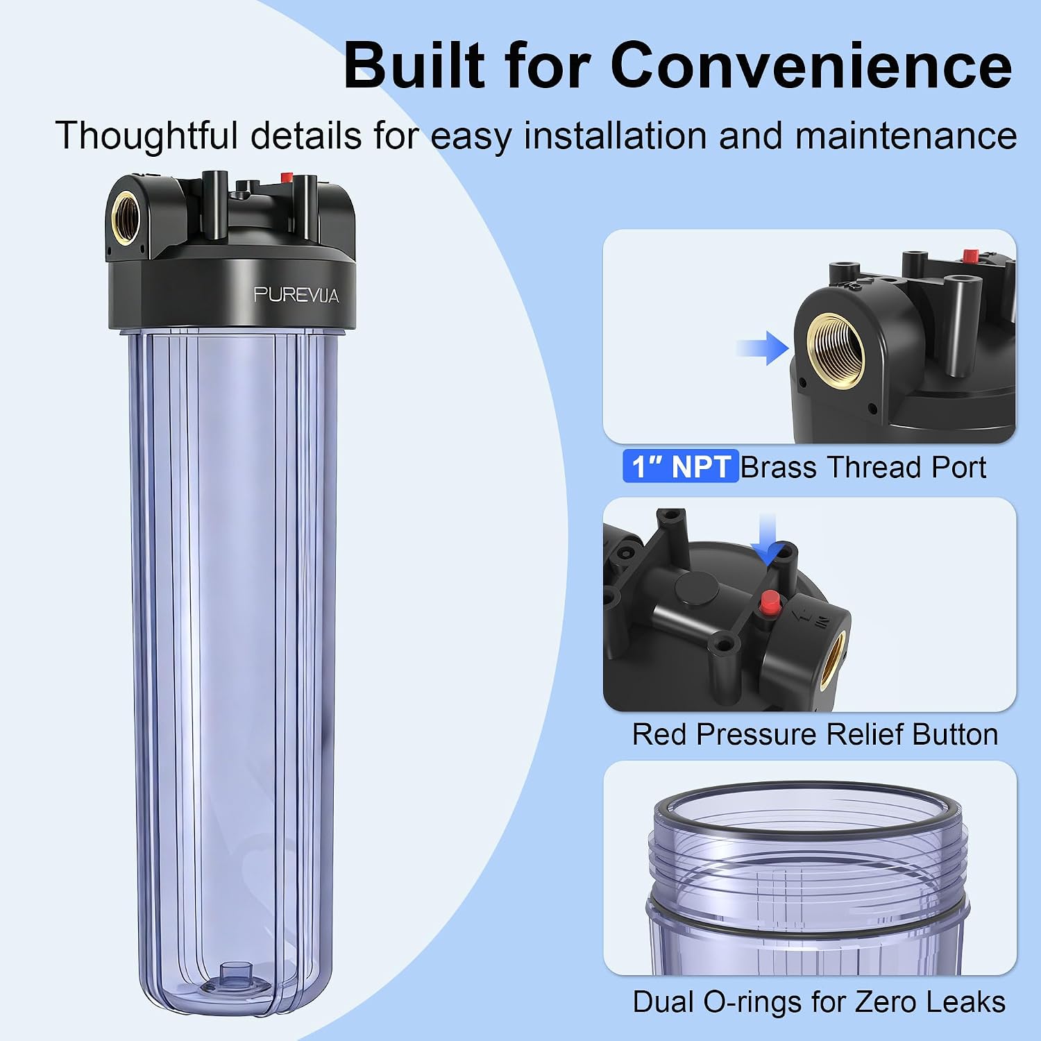 20" x 4.5" Big Blue Whole House Water Filter Housing — Clear Polypropylene with 1" NPT Brass Ports & Pressure Relief Valve – Image 4