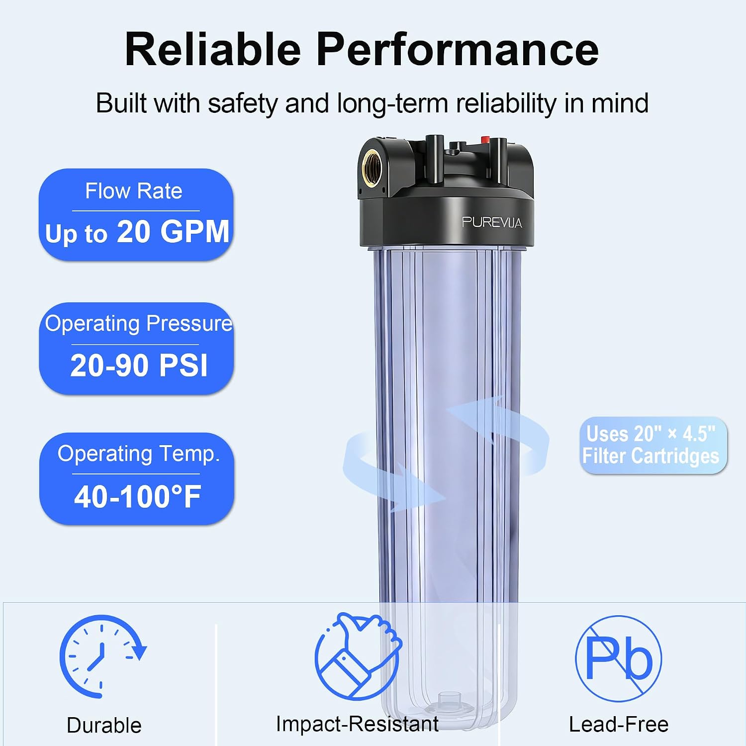 20" x 4.5" Big Blue Whole House Water Filter Housing — Clear Polypropylene with 1" NPT Brass Ports & Pressure Relief Valve – Image 3