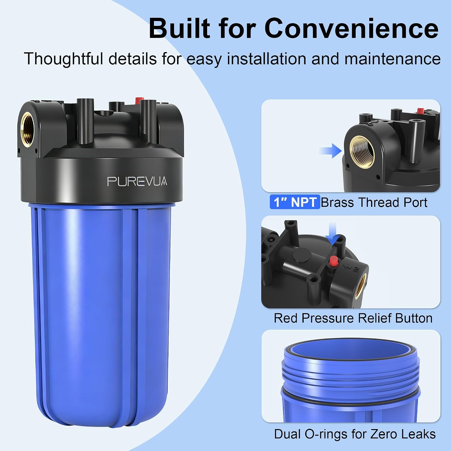 10" x 4.5" Big Blue Whole House Water Filter Housing — Reinforced Polypropylene with 1" NPT Brass Ports & Pressure Relief Valve – Image 4