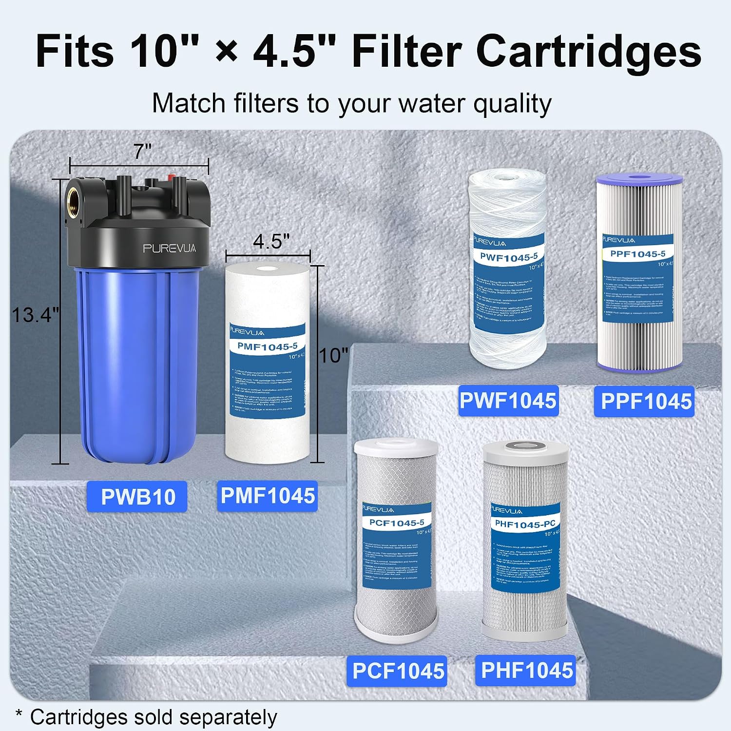 10" x 4.5" Big Blue Whole House Water Filter Housing — Reinforced Polypropylene with 1" NPT Brass Ports & Pressure Relief Valve – Image 2