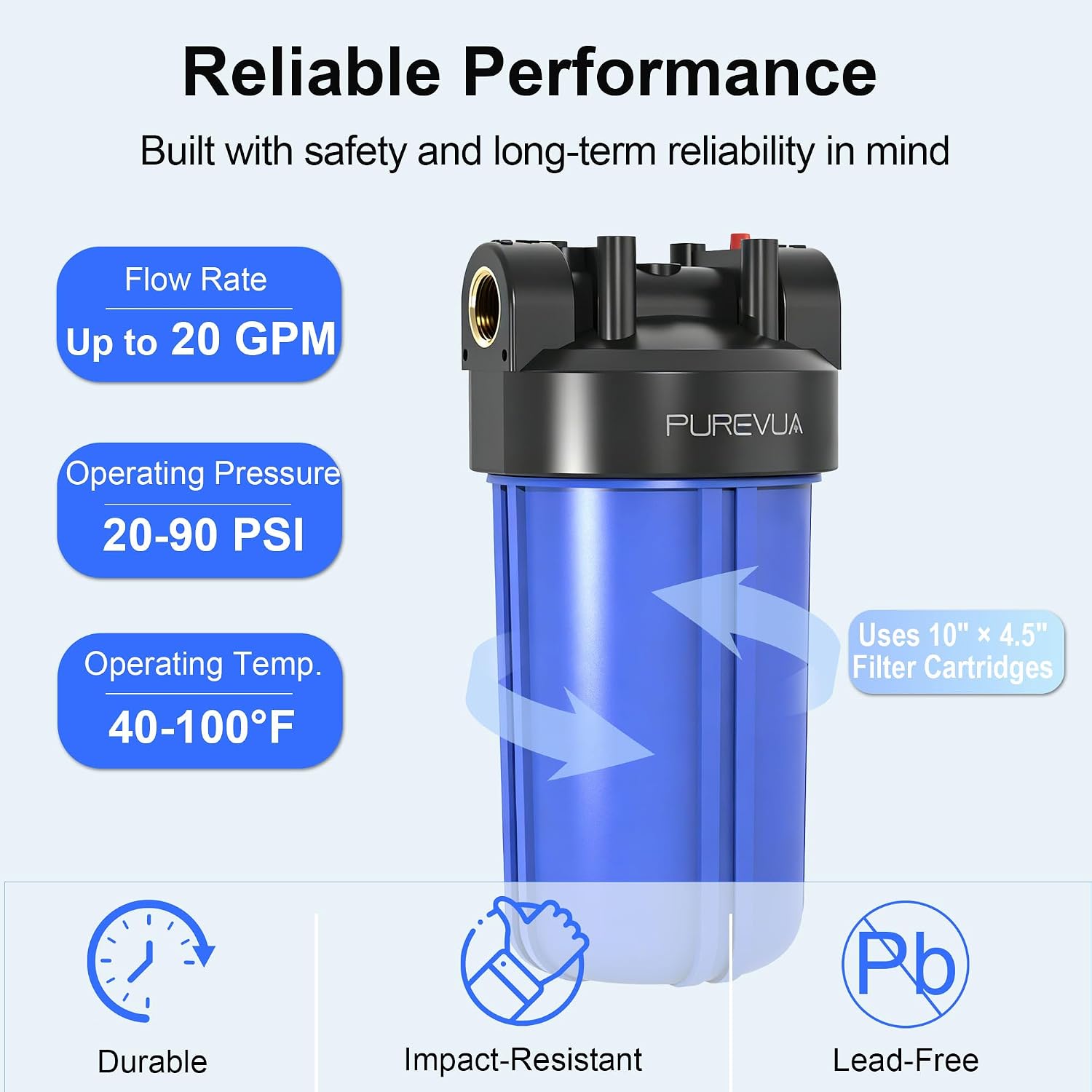 10" x 4.5" Big Blue Whole House Water Filter Housing — Reinforced Polypropylene with 1" NPT Brass Ports & Pressure Relief Valve – Image 5