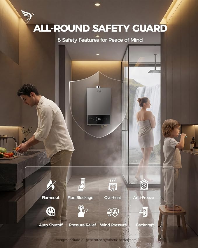 Indoor Natural Gas Tankless Water Heater – 120,000 BTU, 5.5 GPM, Space Gray with LED Touchscreen – Image 2