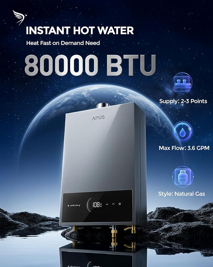 Indoor Natural Gas Tankless Water Heater – 80,000 BTU, 3.6 GPM, Wall-Mounted with LED Touchscreen – Image 2