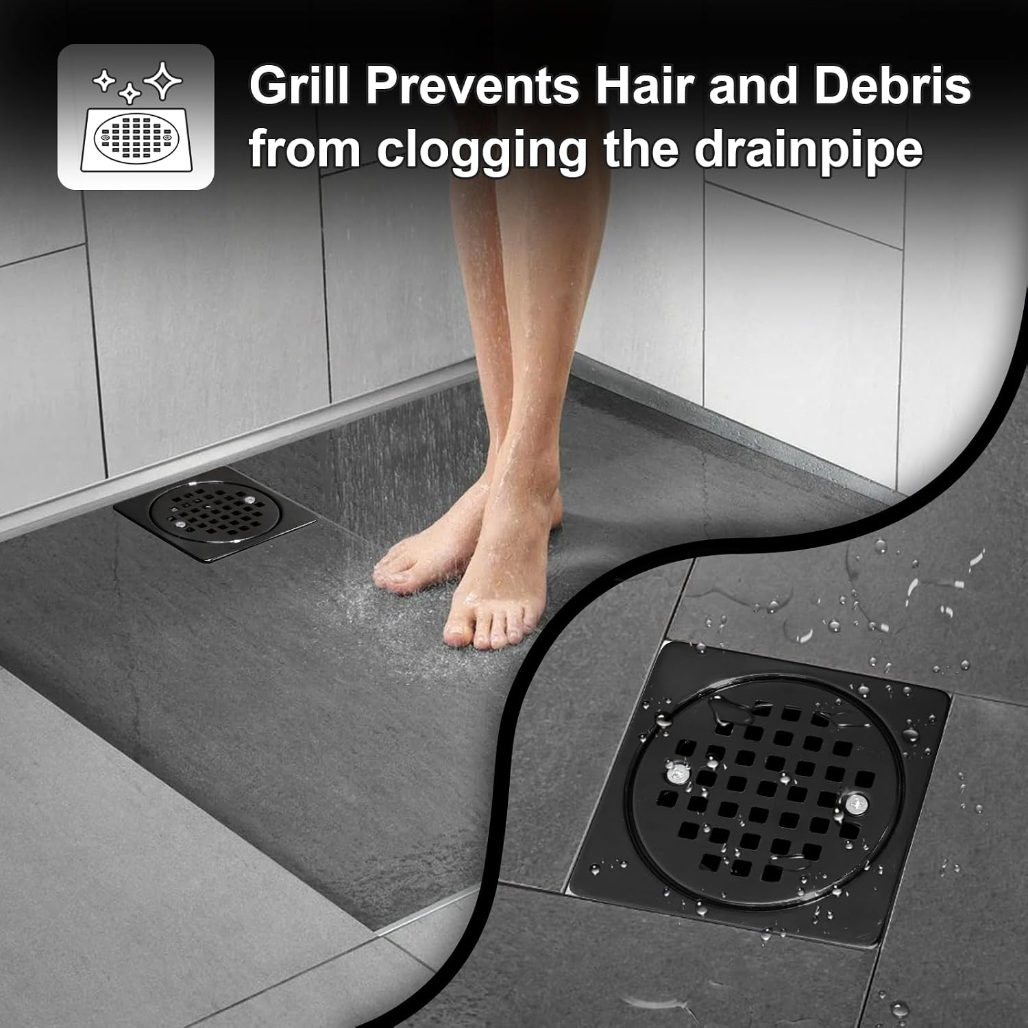 2-Inch Square Shower Drain Kit with Matte Black 304 Stainless Steel Grate — Schluter Kerdi Compatible – Image 2