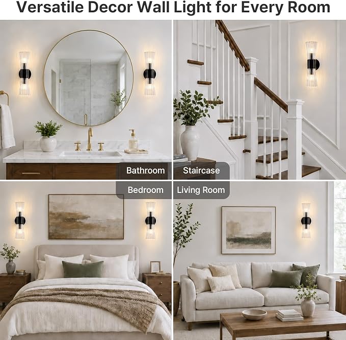 2-Light Matte Black Mid-Century Modern Wall Sconce with Ribbed Clear Glass Shades – Image 5