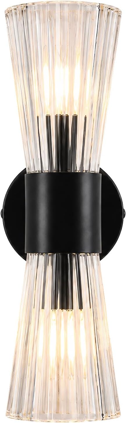 2-Light Matte Black Mid-Century Modern Wall Sconce with Ribbed Clear Glass Shades – Image 1