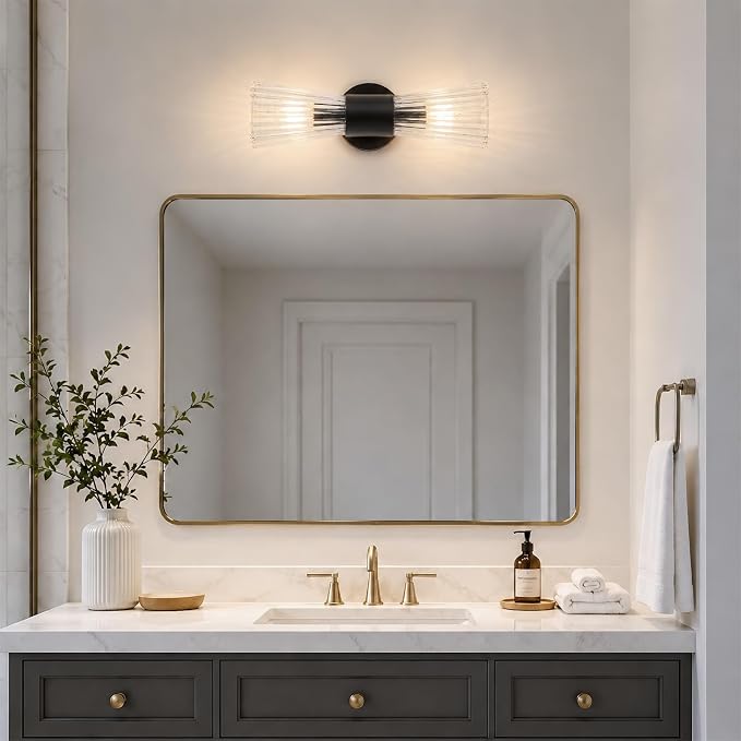 2-Light Matte Black Mid-Century Modern Wall Sconce with Ribbed Clear Glass Shades – Image 4