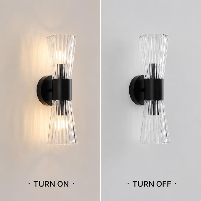 2-Light Matte Black Mid-Century Modern Wall Sconce with Ribbed Clear Glass Shades – Image 3