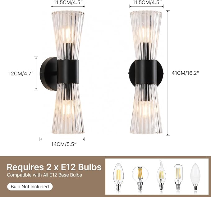2-Light Matte Black Mid-Century Modern Wall Sconce with Ribbed Clear Glass Shades – Image 6