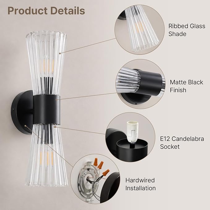 2-Light Matte Black Mid-Century Modern Wall Sconce with Ribbed Clear Glass Shades – Image 2