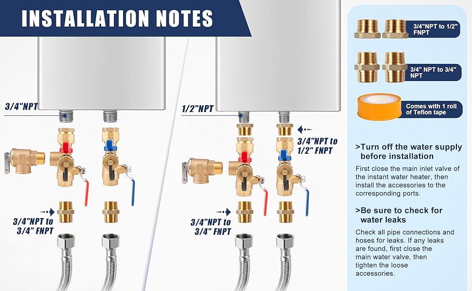 All-Brass Tankless Water Heater Valve Kit – 8-Piece Installation & Flushing Set with 3/4" and 1/2" NPT Adapters – Image 3