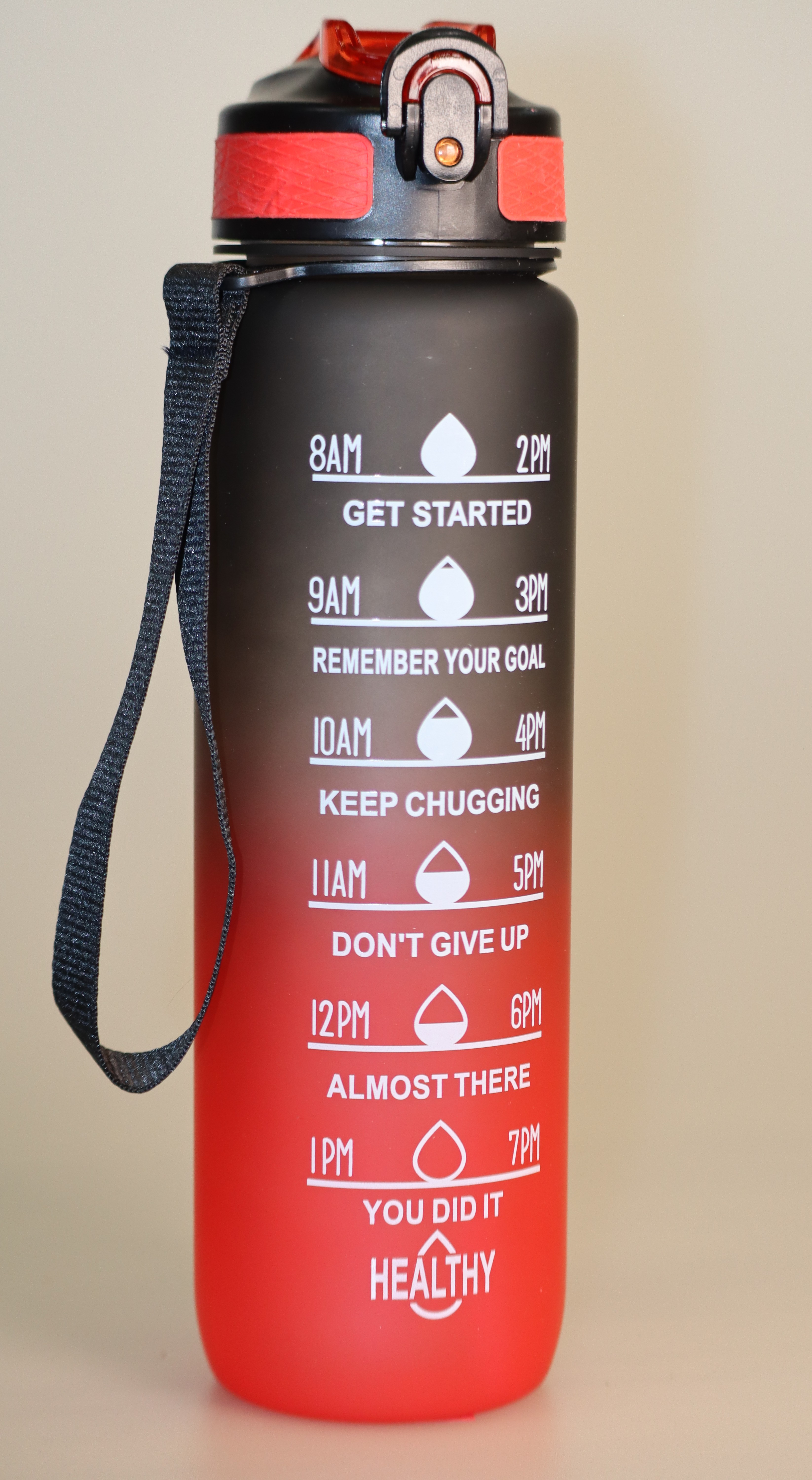 32 oz Motivational Drinking Large Bottle w_Strap – Black-To-Red Gradient