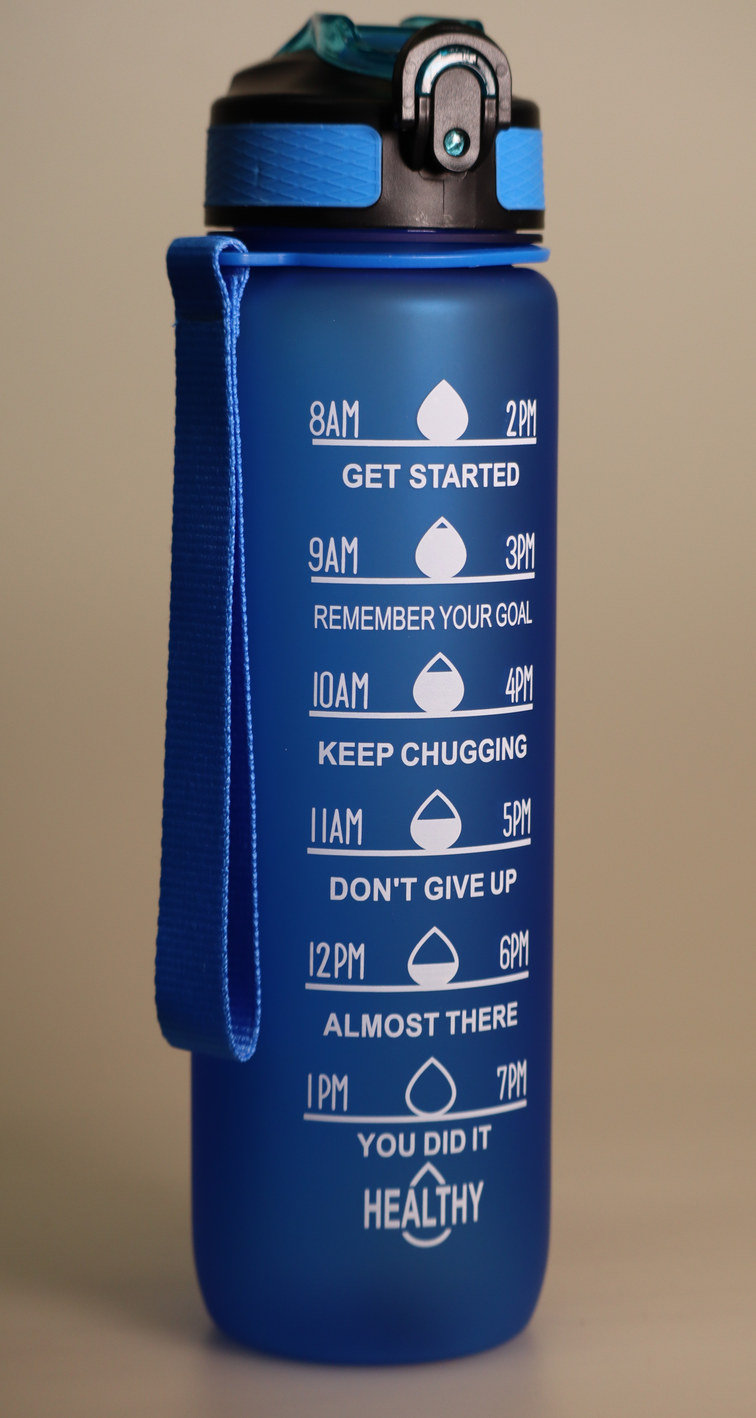 32 oz Motivational Drinking Large Bottle w_Strap – Blue Transparent