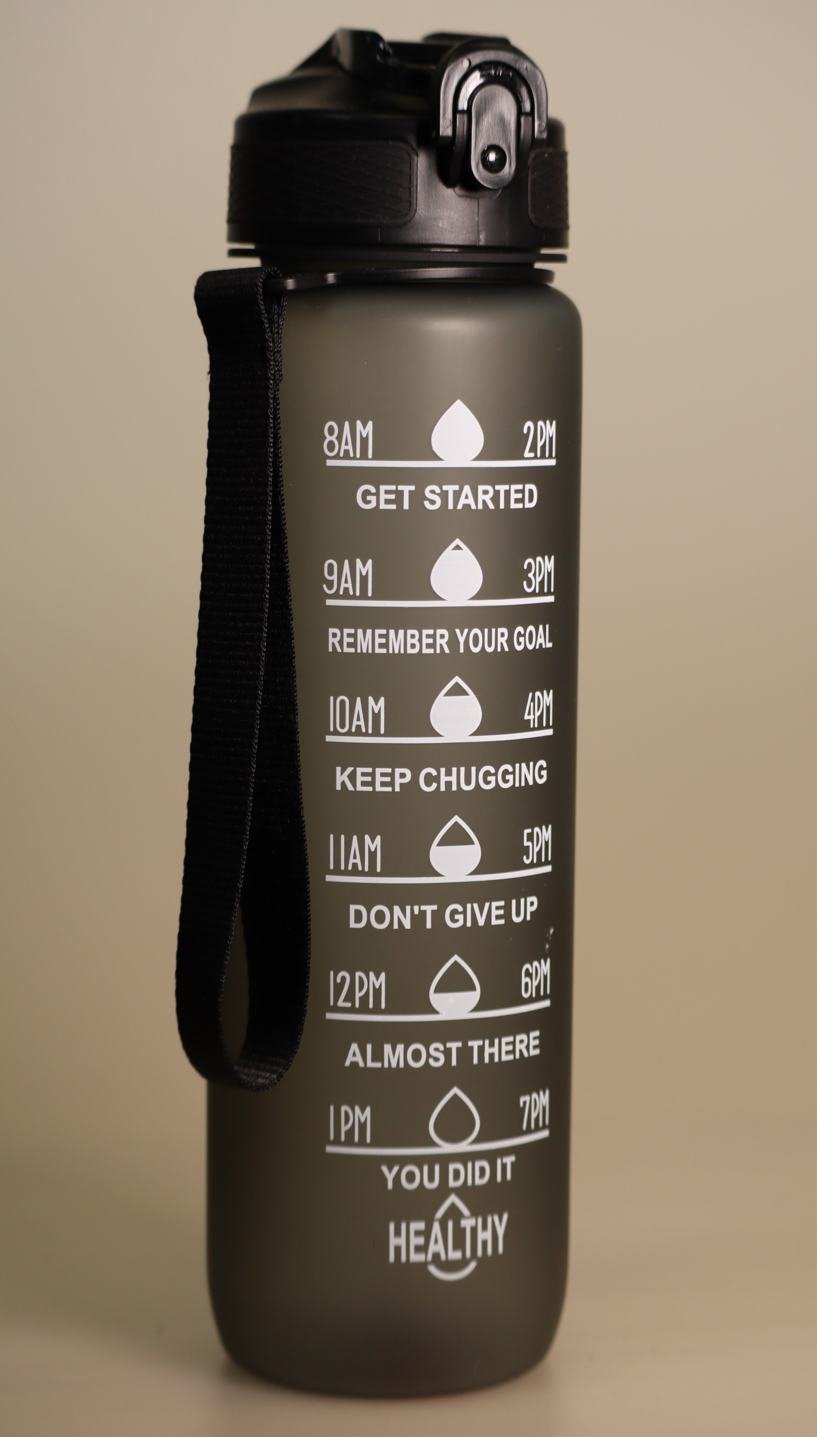 32 oz Motivational Drinking Large Bottle w_Strap – Black Transparent