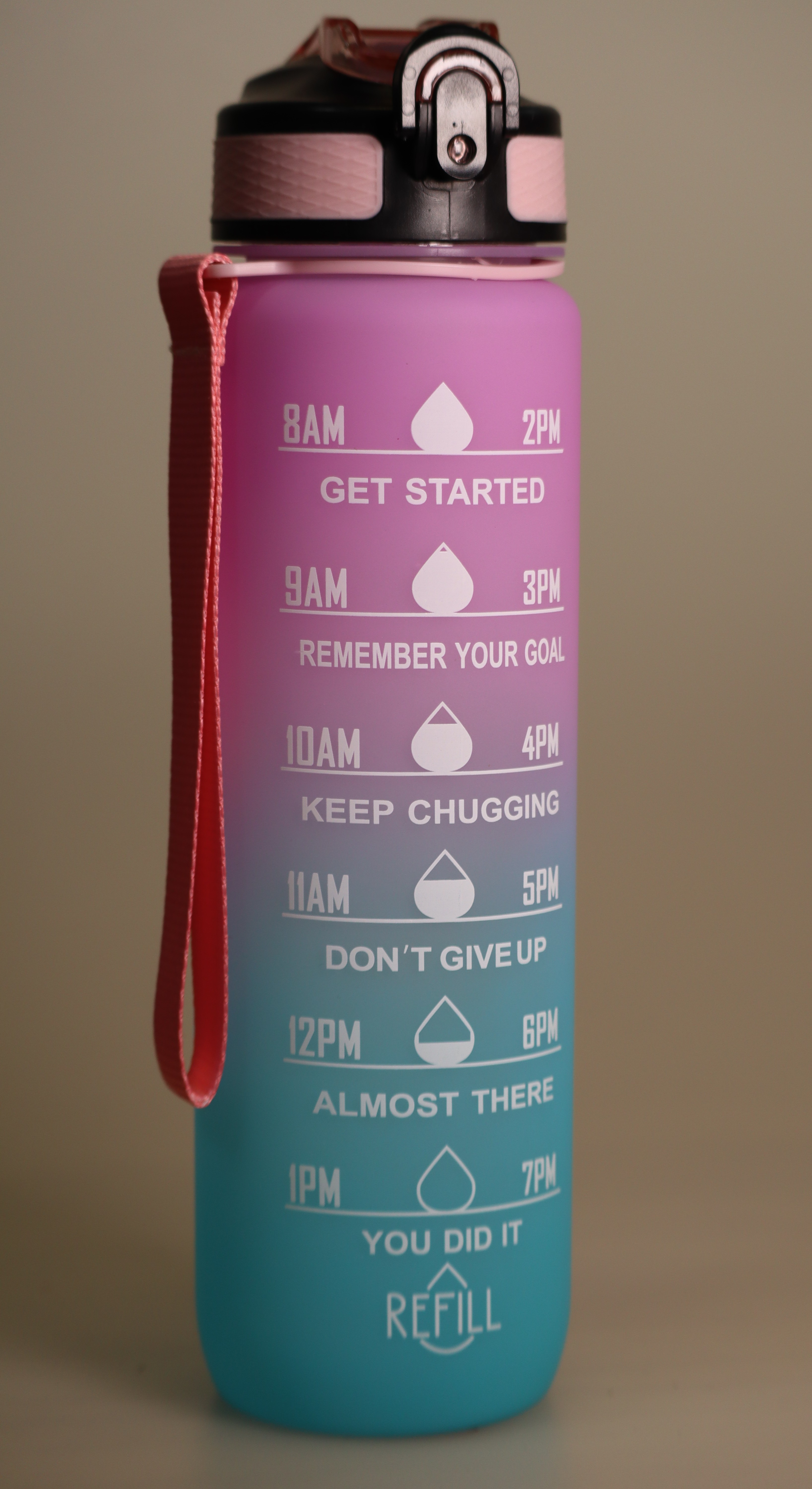 32 oz Motivational Drinking Large Bottle w_Strap – Pink-To-Light Blue Gradient