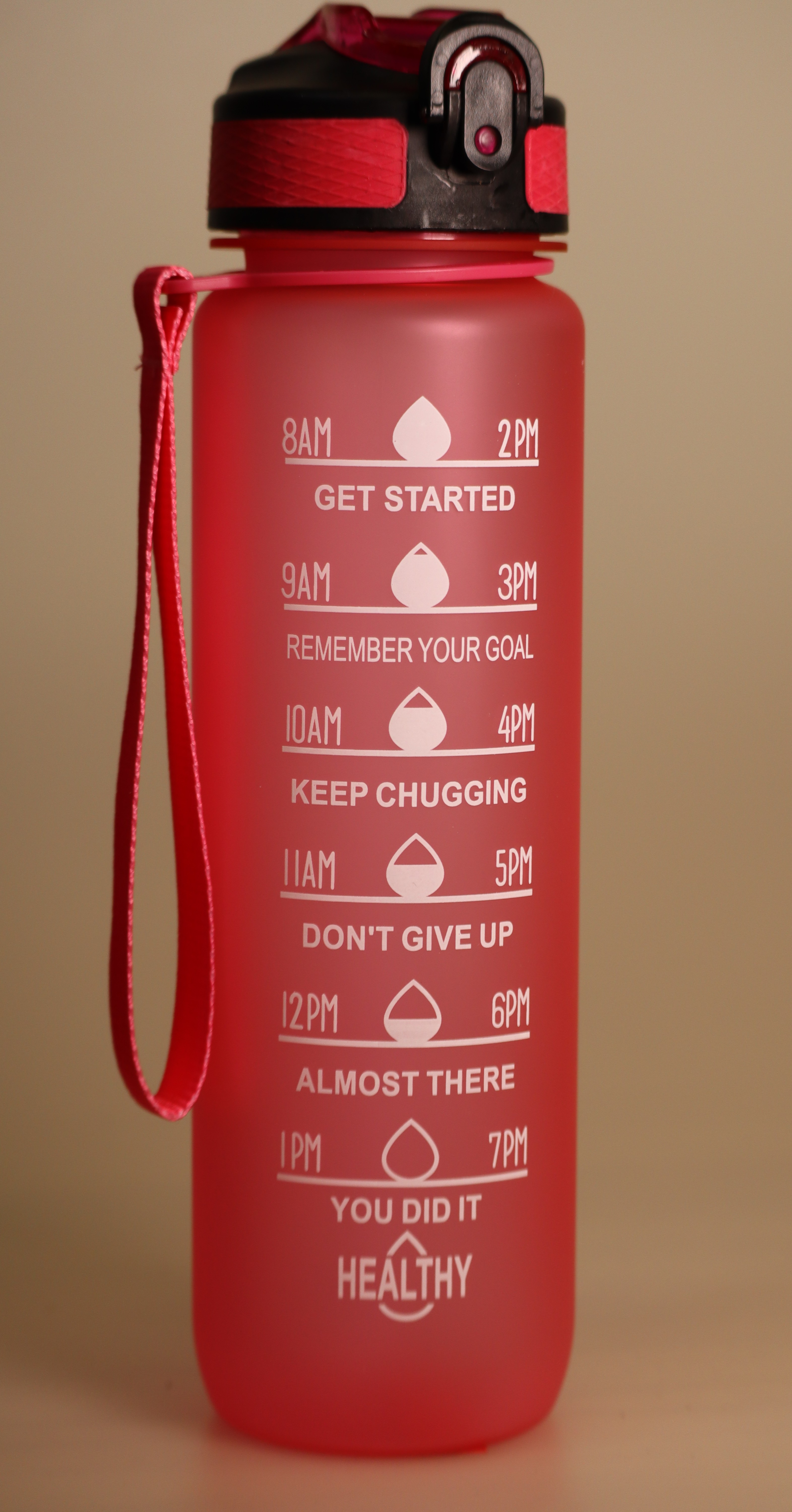 32 oz Motivational Drinking Large Bottle w_Strap – Pink Transparent