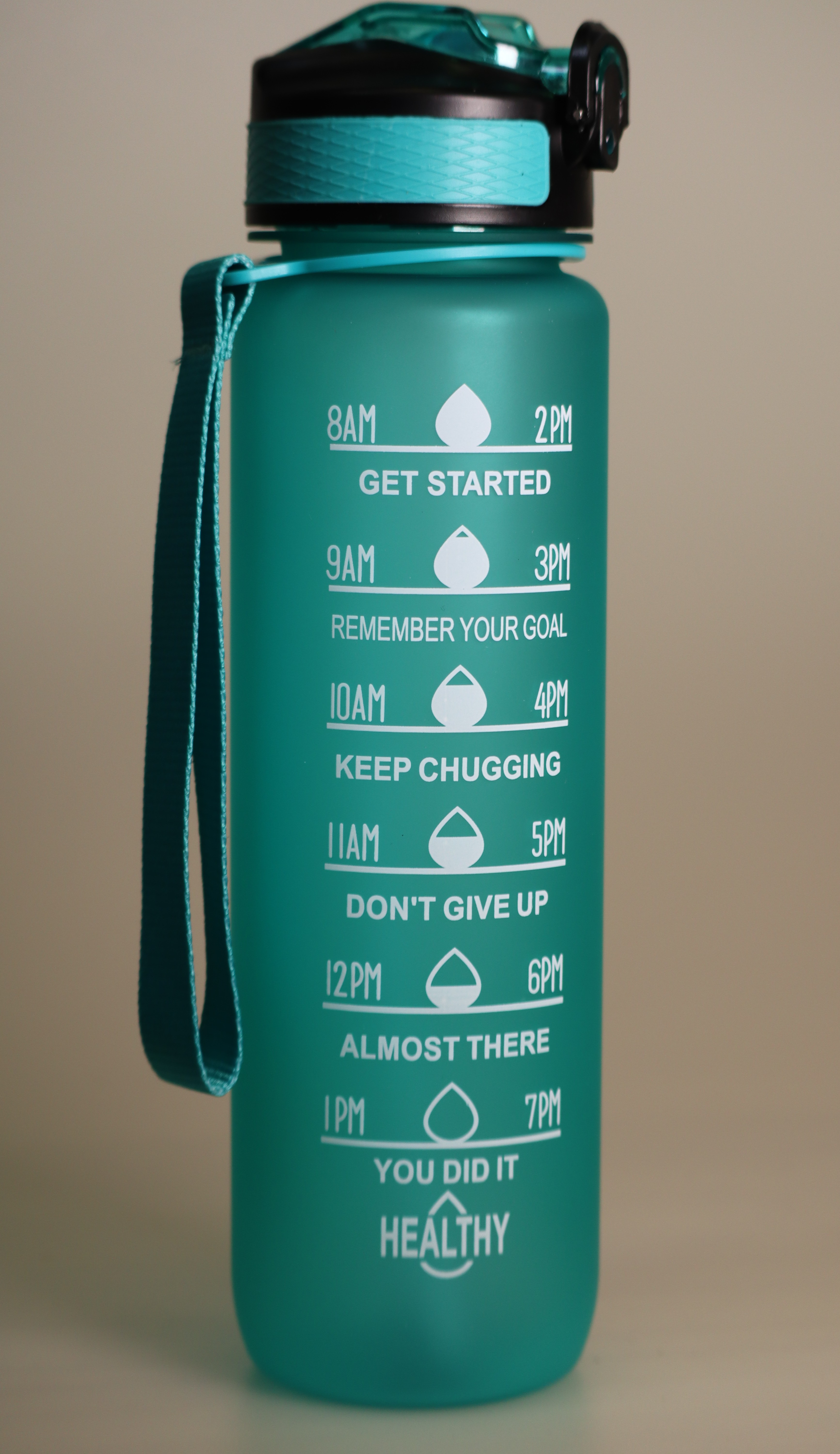 32 oz Motivational Drinking Large Bottle w_Strap – Turquoise Transparent