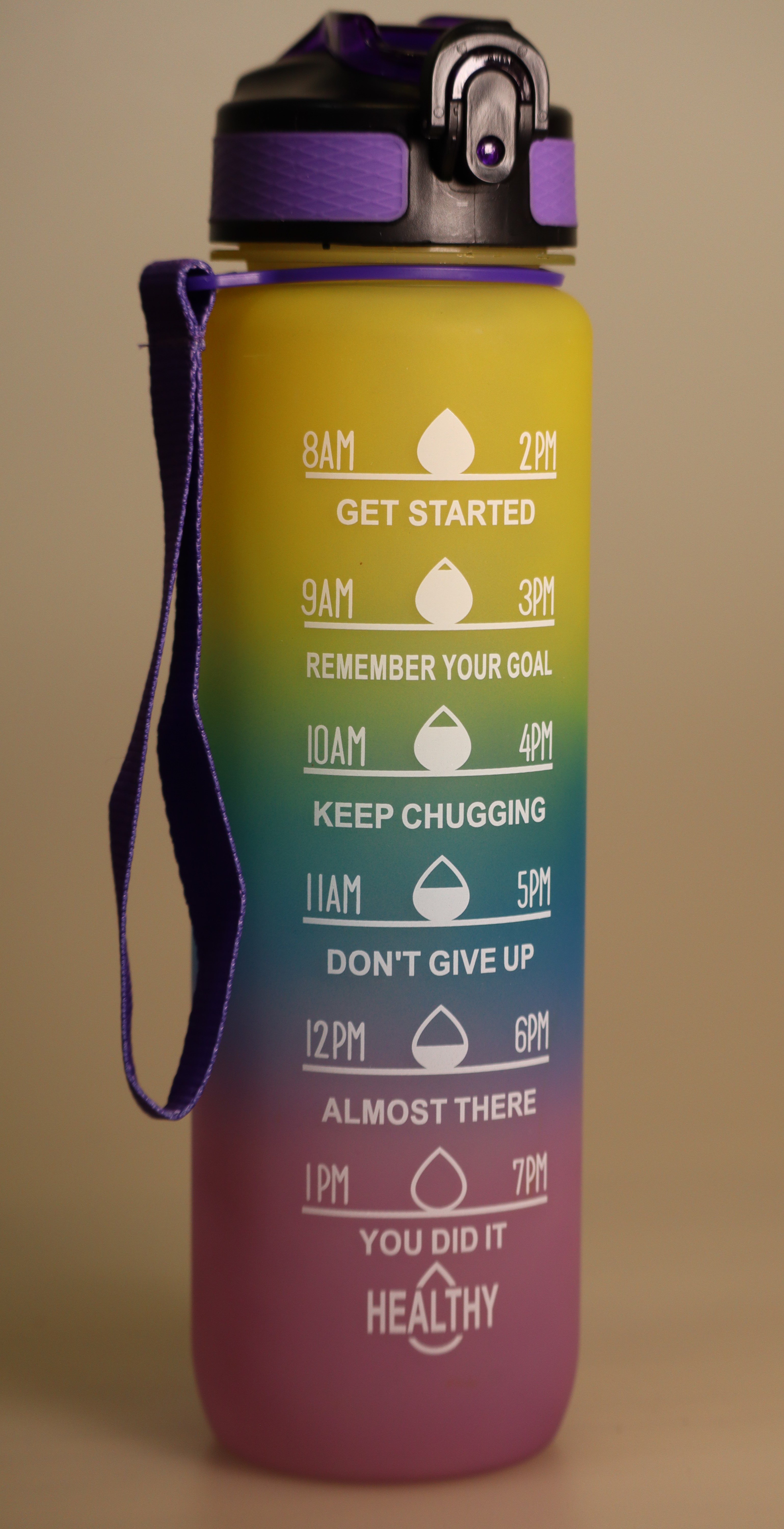 32 oz Motivational Drinking Large Bottle w_Strap – Yellow-To-Pink-To-Blue Gradient