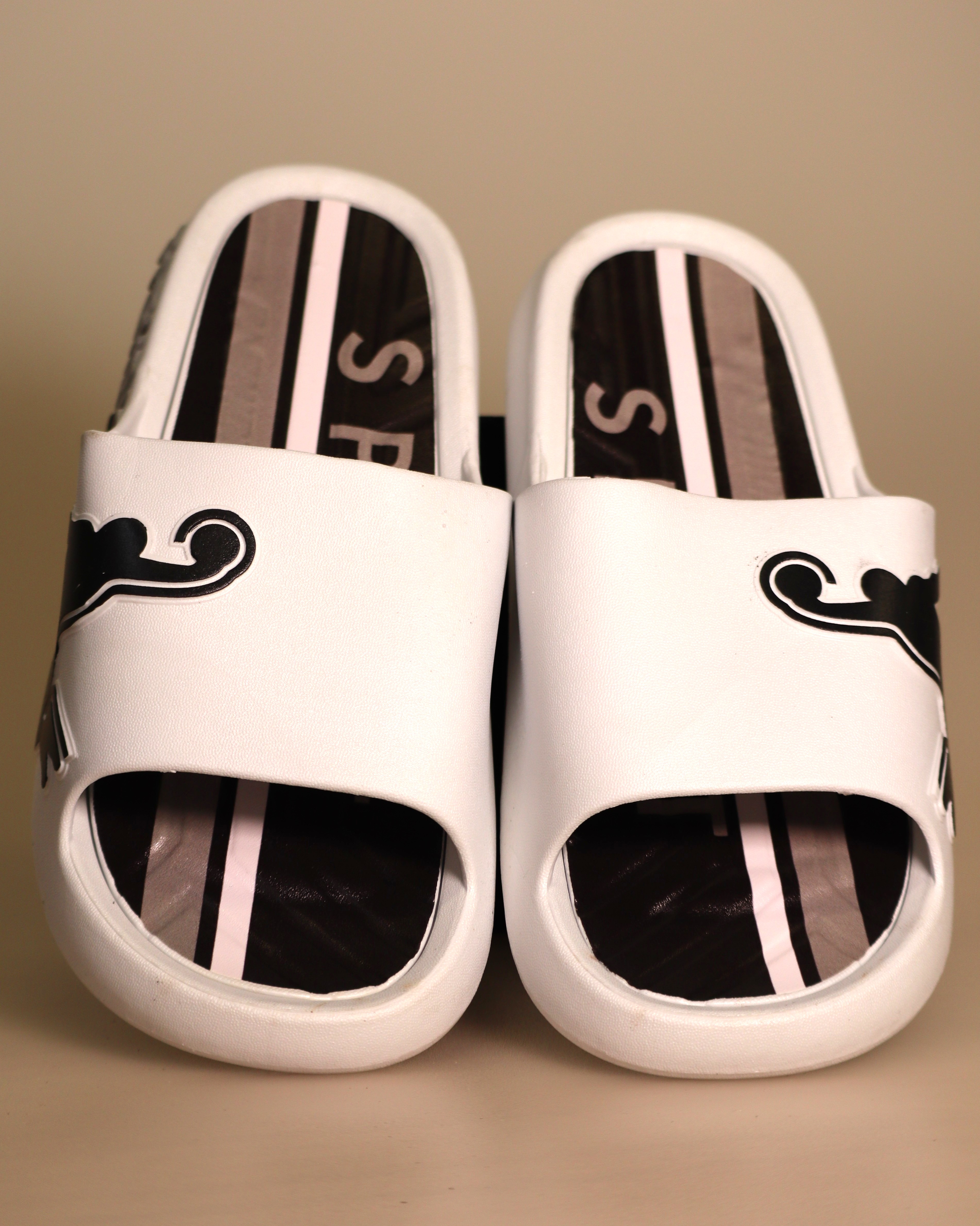 White w/Black Logo & Stripe Men's Slide – 40 (7 US)