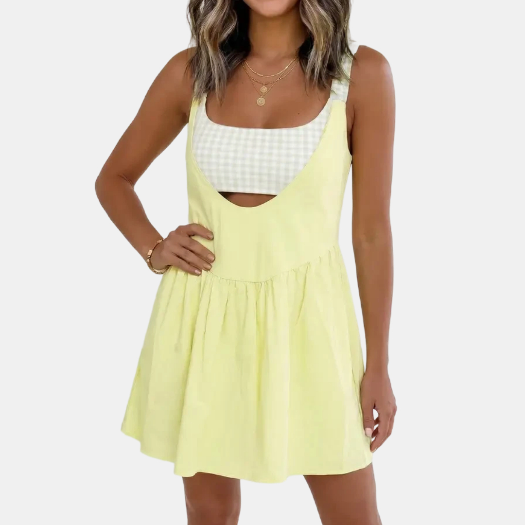 Gingham Patchwork Mini Dress – Large, Yellow