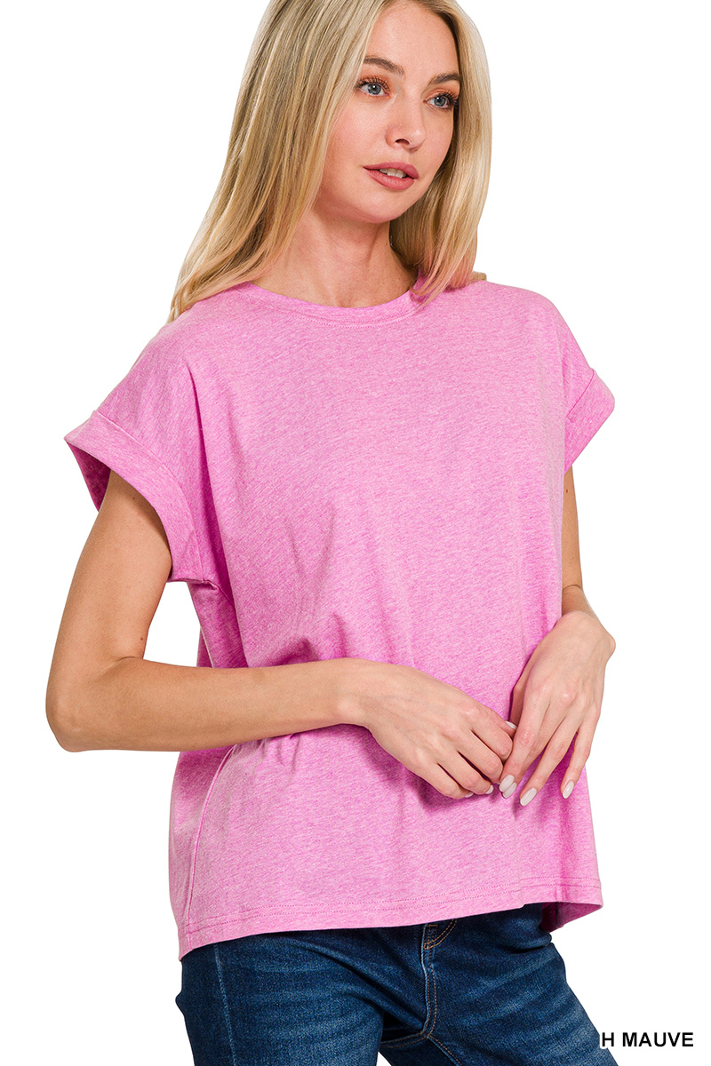 Relaxed Folded Sleeve Cotton T-Shirt – Small, Mauve