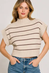 Striped Cropped Mock Neck Sweater – Sand Beige, Small