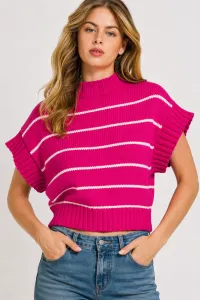 Striped Cropped Mock Neck Sweater – Hot Pink, Small