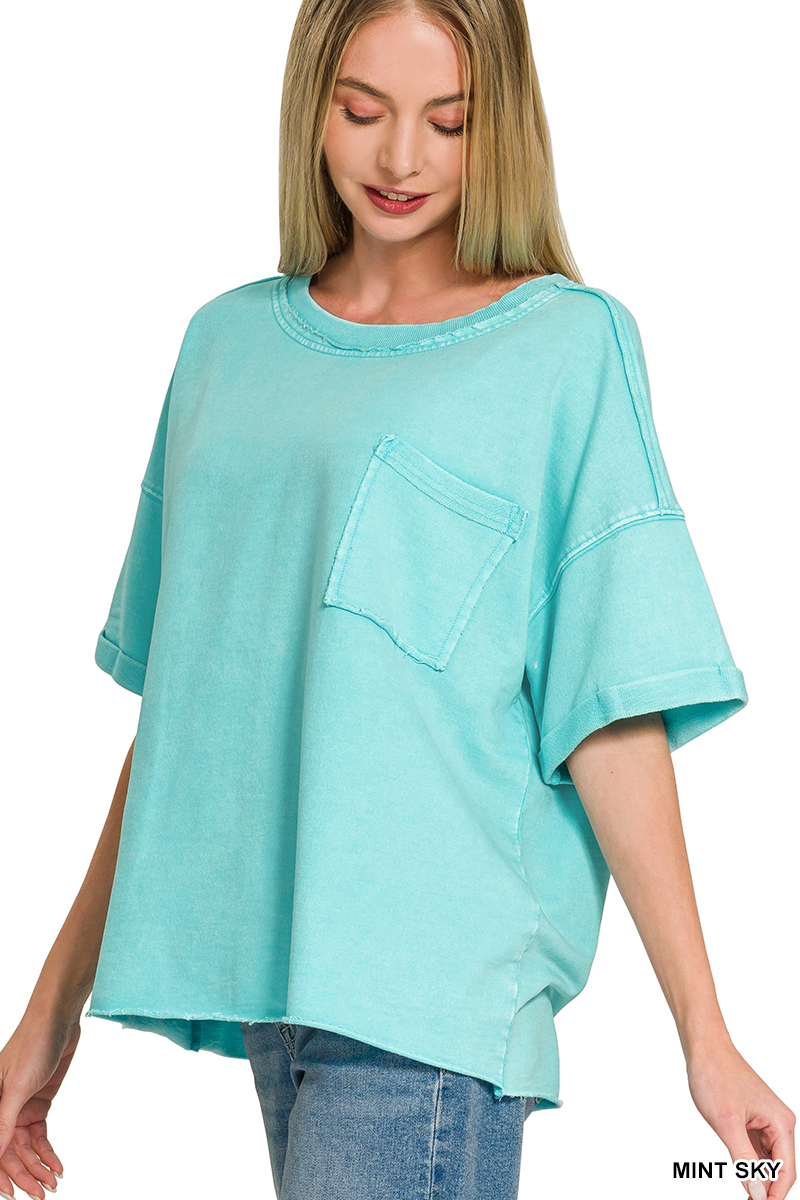 Acid Wash French Terry T-Shirt – Mint Sky, Small/Medium