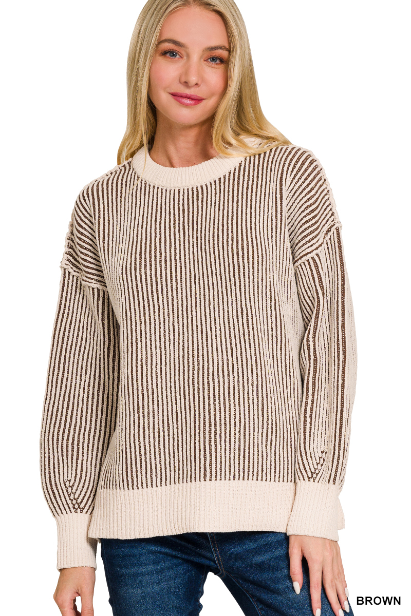 Zenana Two Tone Crewneck Sweater – Image 1