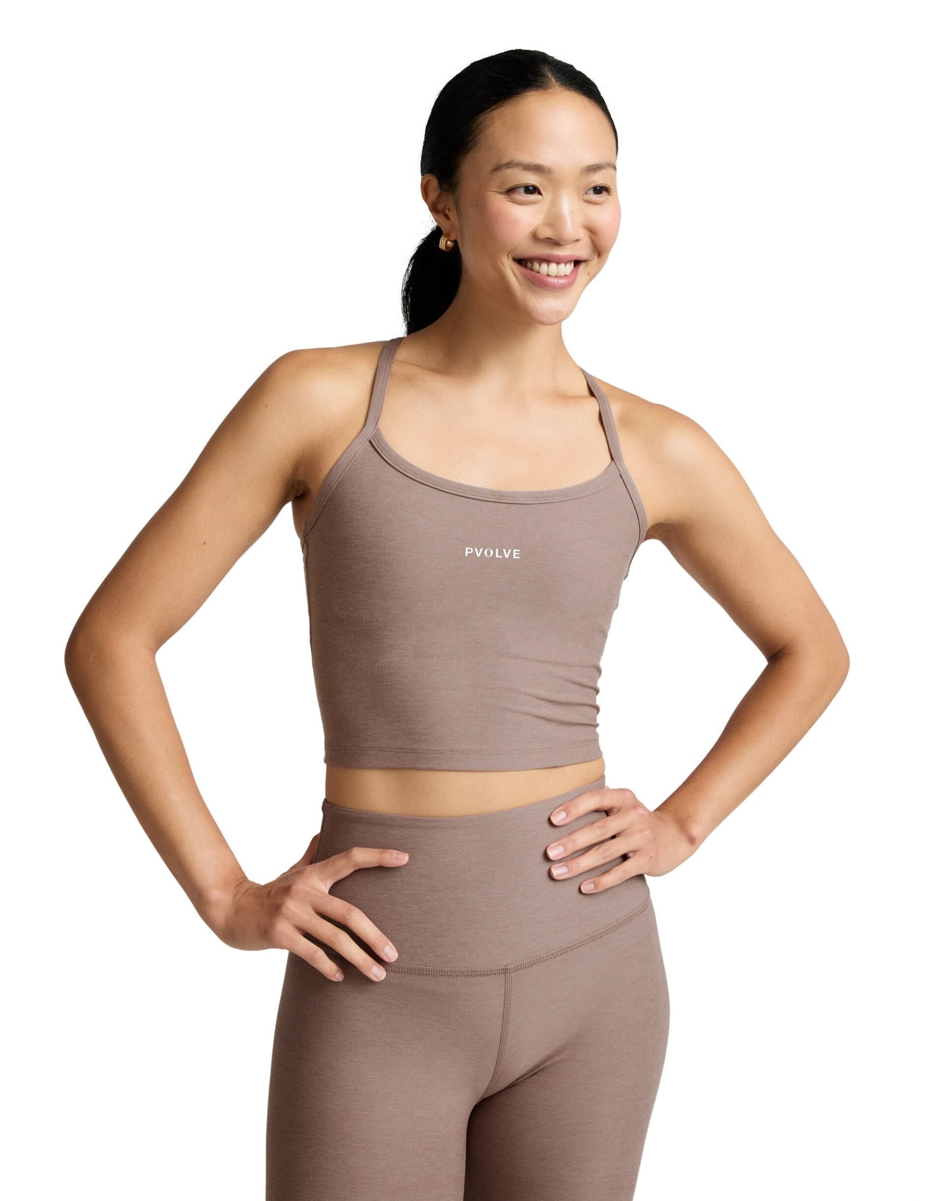 PRE-ORDER: Pvolve x Beyond Yoga Spacedye™ Slim Racerback Cropped Tank — Rosey Taupe Heather – Image 1