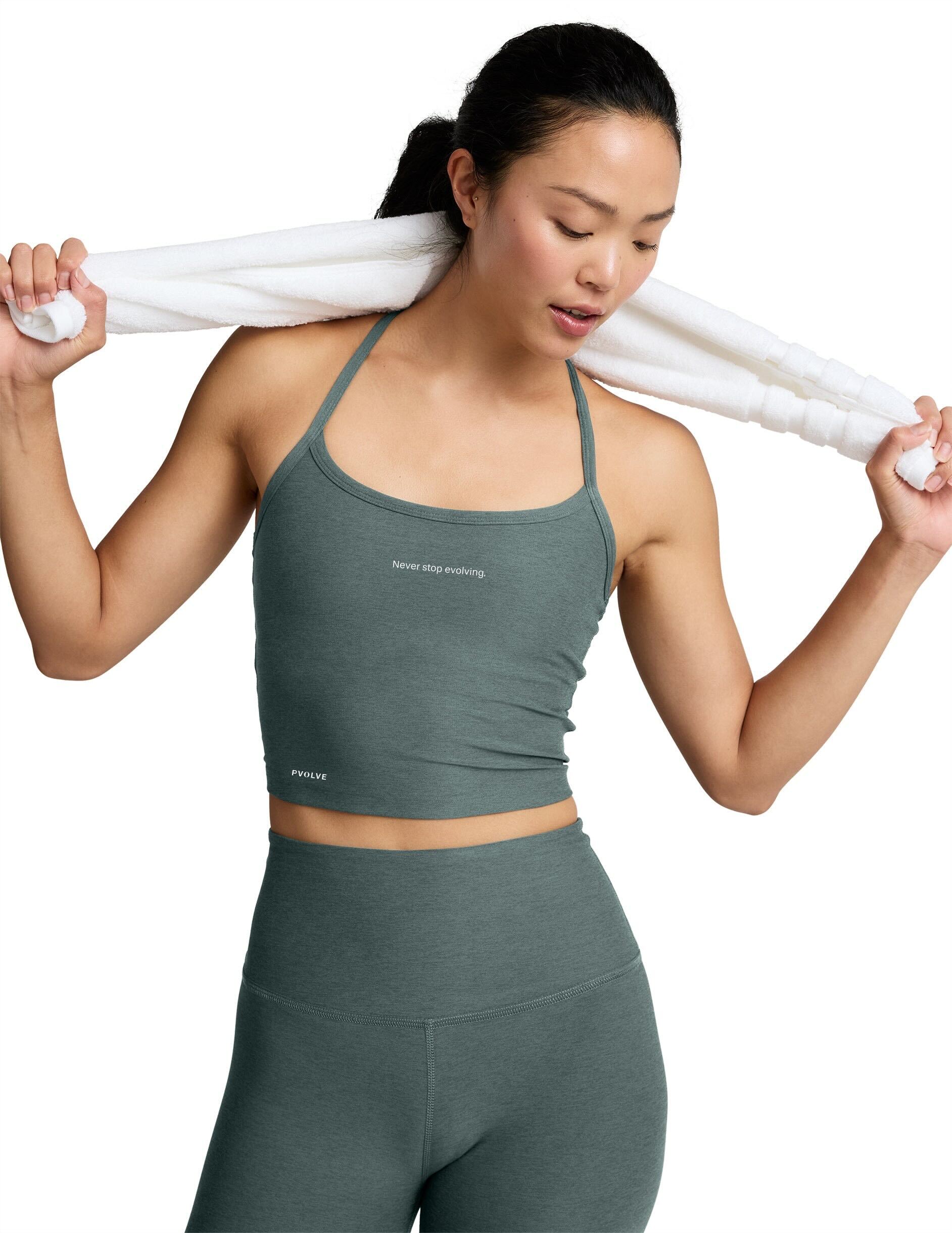 PRE-ORDER: Pvolve x Beyond Yoga Spacedye™ Slim Racerback Cropped Tank — Storm Heather – Image 1