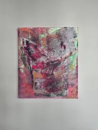 Etheric Inner Child Acrylic, Spray paint, fabric on Canvas 18 x 24 inches 2024 – Image 1