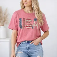Patchwork USA on Heather Cardinal Red color Gildan Tee Shirt – Small