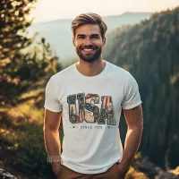 USA Since 1776 Patchwork and Camo on White color Gildan Tee Shirt – Small