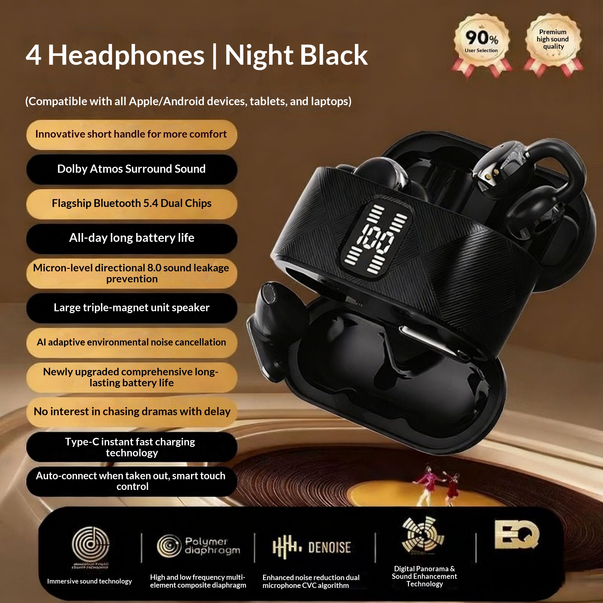 Q16 2-in-1 Couple Wireless Earbuds Bluetooth 5.4 Gaming Earphones with LED Power Display – Image 2