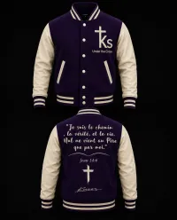 Under The Cross Premium Varsity Jacket – S, Purple/Cream