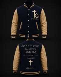 Under The Cross Premium Varsity Jacket – S, Navy/Tan